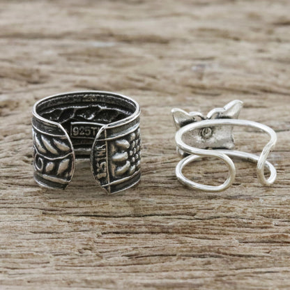 Nature's Garden Butterfly and Floral Motif Sterling Silver Ear Cuffs