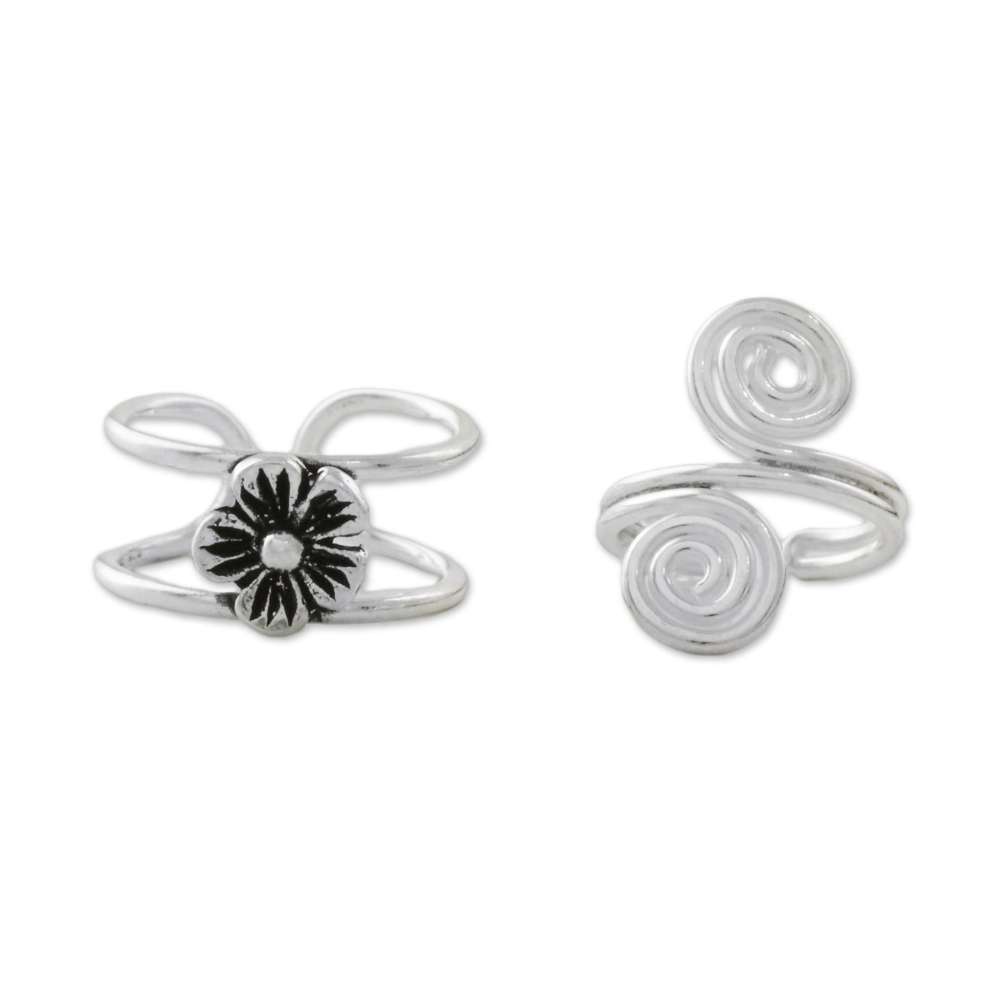 Flower and Spiral Floral Sterling Silver Ear Cuffs from Thailand