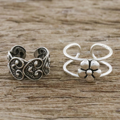 Flower Love Floral and Heart Motif Sterling Silver Ear Cuffs