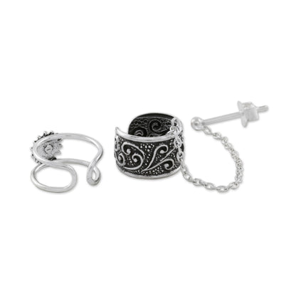 Ethereal Breeze Spiral Motif Sterling Silver Ear Cuffs with Chain