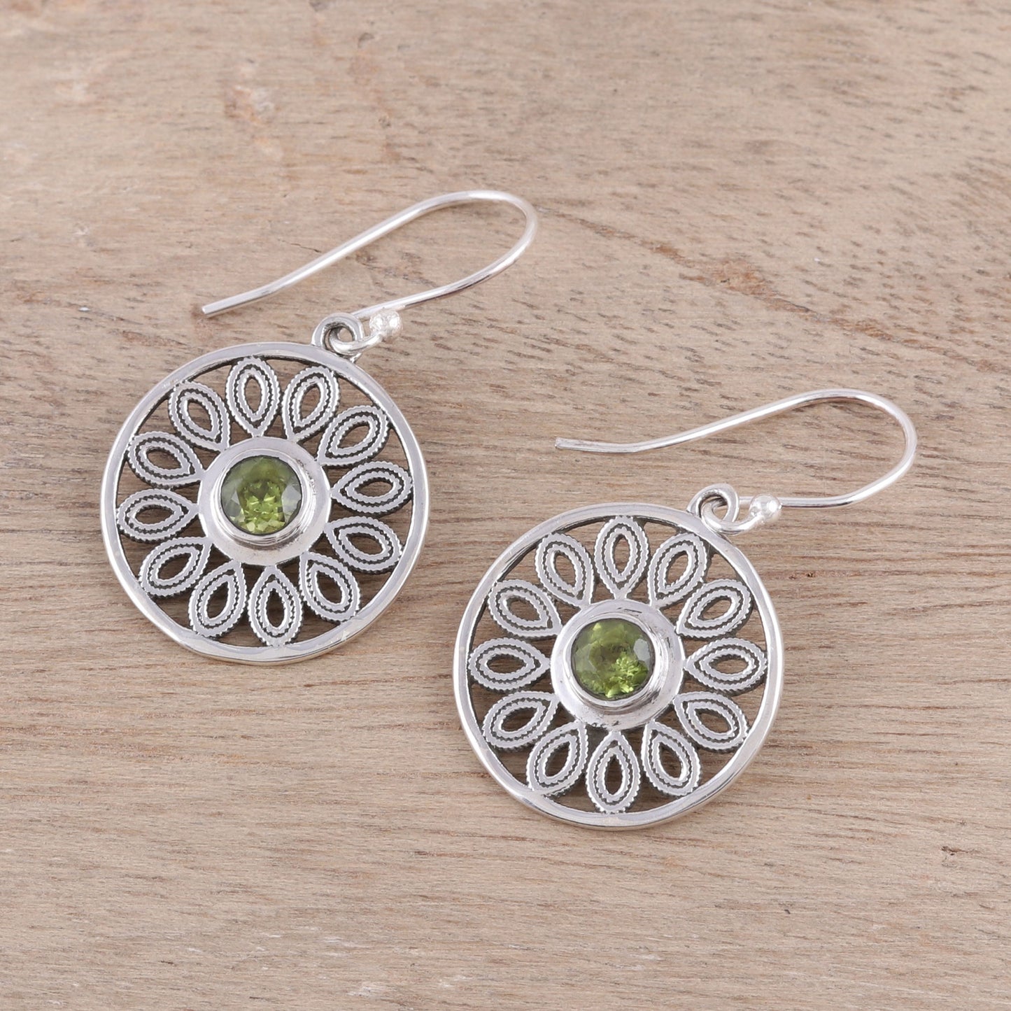 Elegant Daisy Peridot and Sterling Silver Flower Circle Dangle Earrings