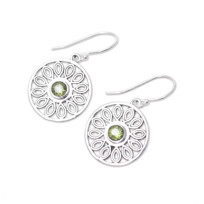 Elegant Daisy Peridot and Sterling Silver Flower Circle Dangle Earrings