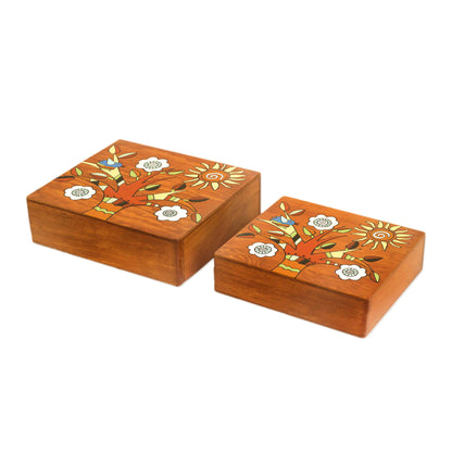 Glorious Tree Square Pinewood Flowering Tree Decorative Boxes (Pair)