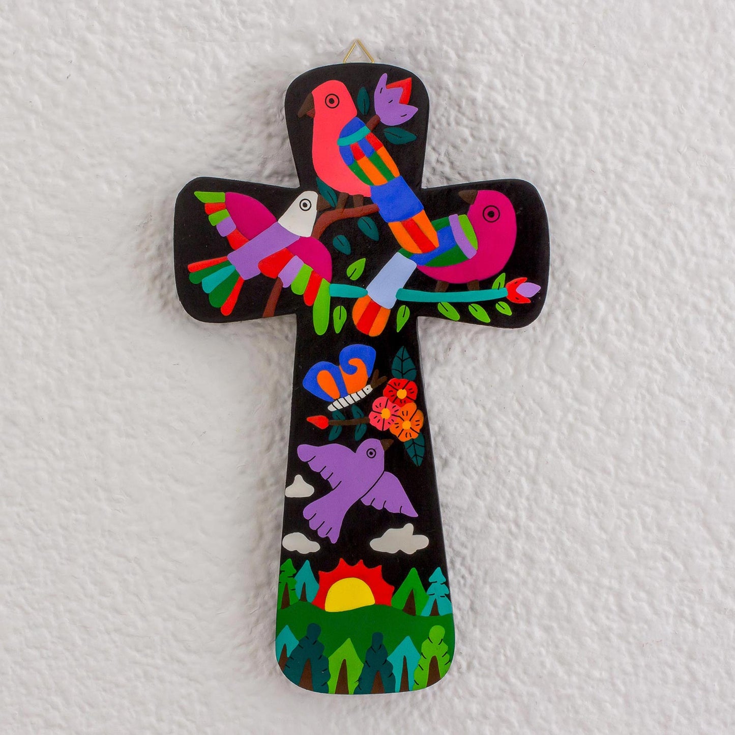Neon Nature Pinewood Wall Cross with Neon Bird Motifs from El Salvador