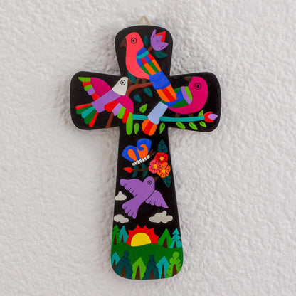 Neon Nature Pinewood Wall Cross with Neon Bird Motifs from El Salvador