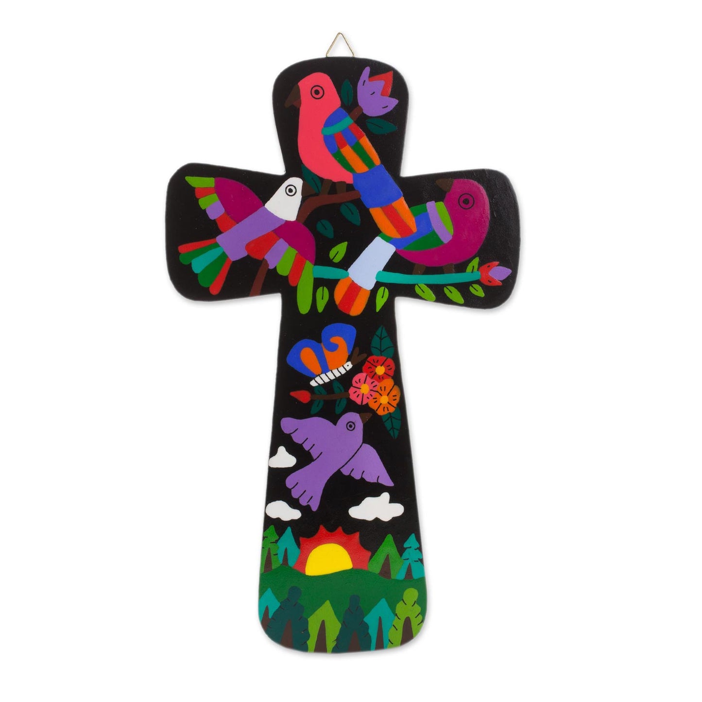 Neon Nature Pinewood Wall Cross with Neon Bird Motifs from El Salvador