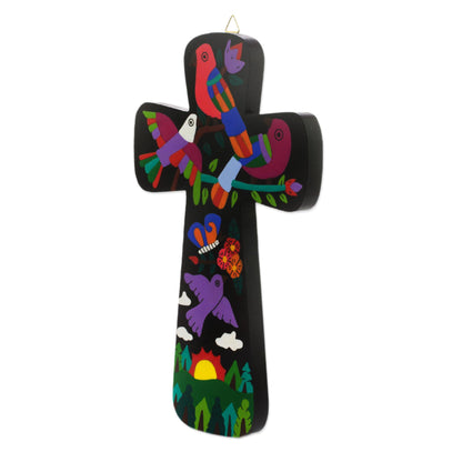 Neon Nature Pinewood Wall Cross with Neon Bird Motifs from El Salvador