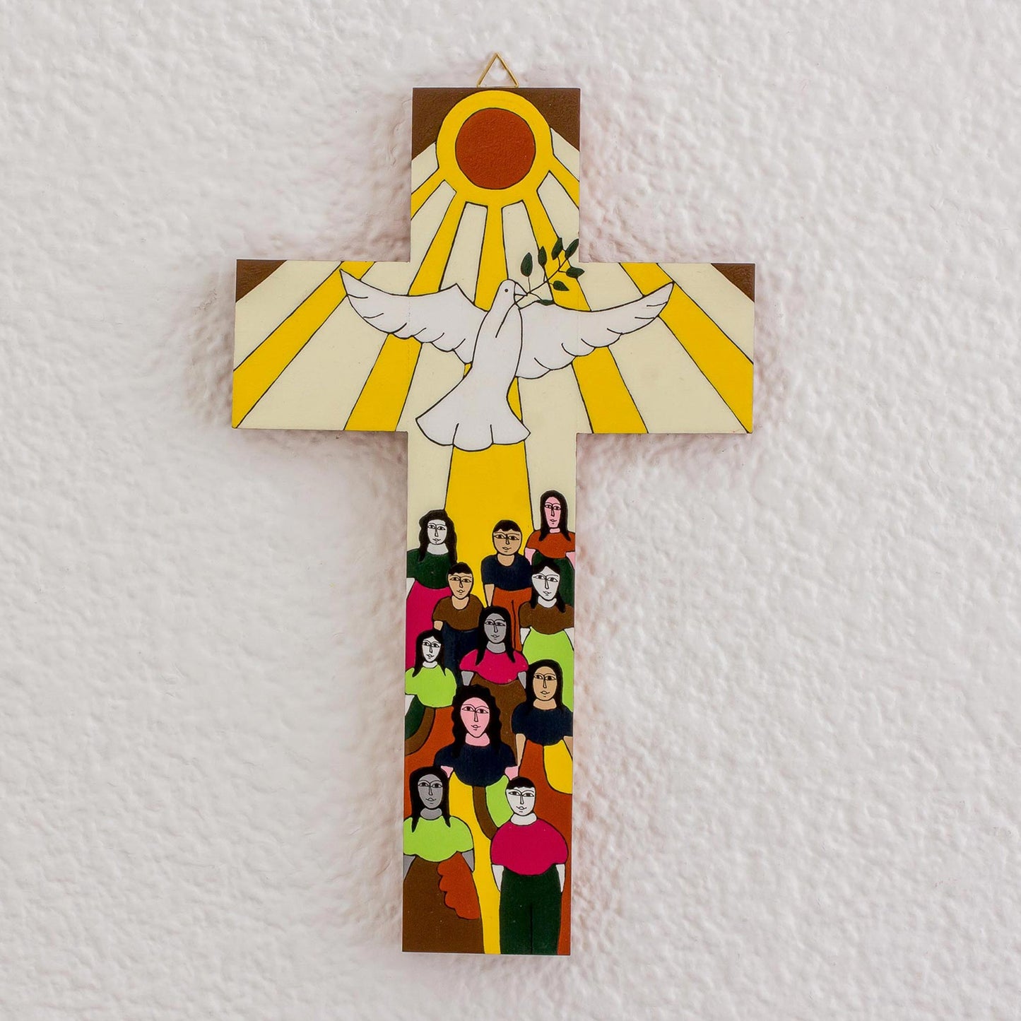 Bird of Hope Hand-Painted Pinewood Wall Cross with a Dove of Peace