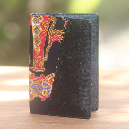 Chic Trek Black Faux Leather Passport Holder with Cotton Batik