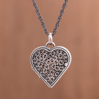 Romantic Finesse Sterling Silver Filigree Heart Locket Necklace from Peru