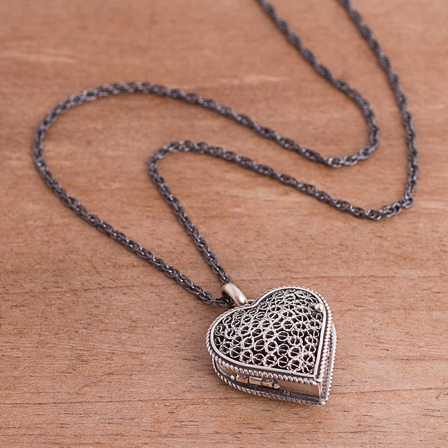 Romantic Finesse Sterling Silver Filigree Heart Locket Necklace from Peru