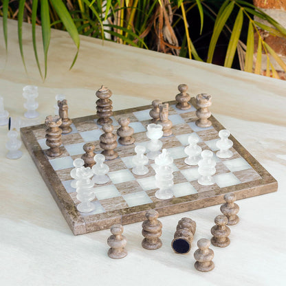 Brown and Ivory Onyx and Marble Chess Set Crafted in Mexico