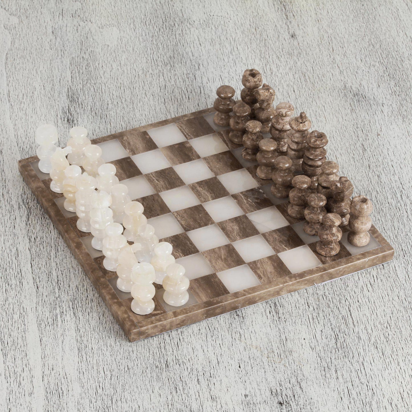 Brown and Ivory Onyx and Marble Chess Set Crafted in Mexico