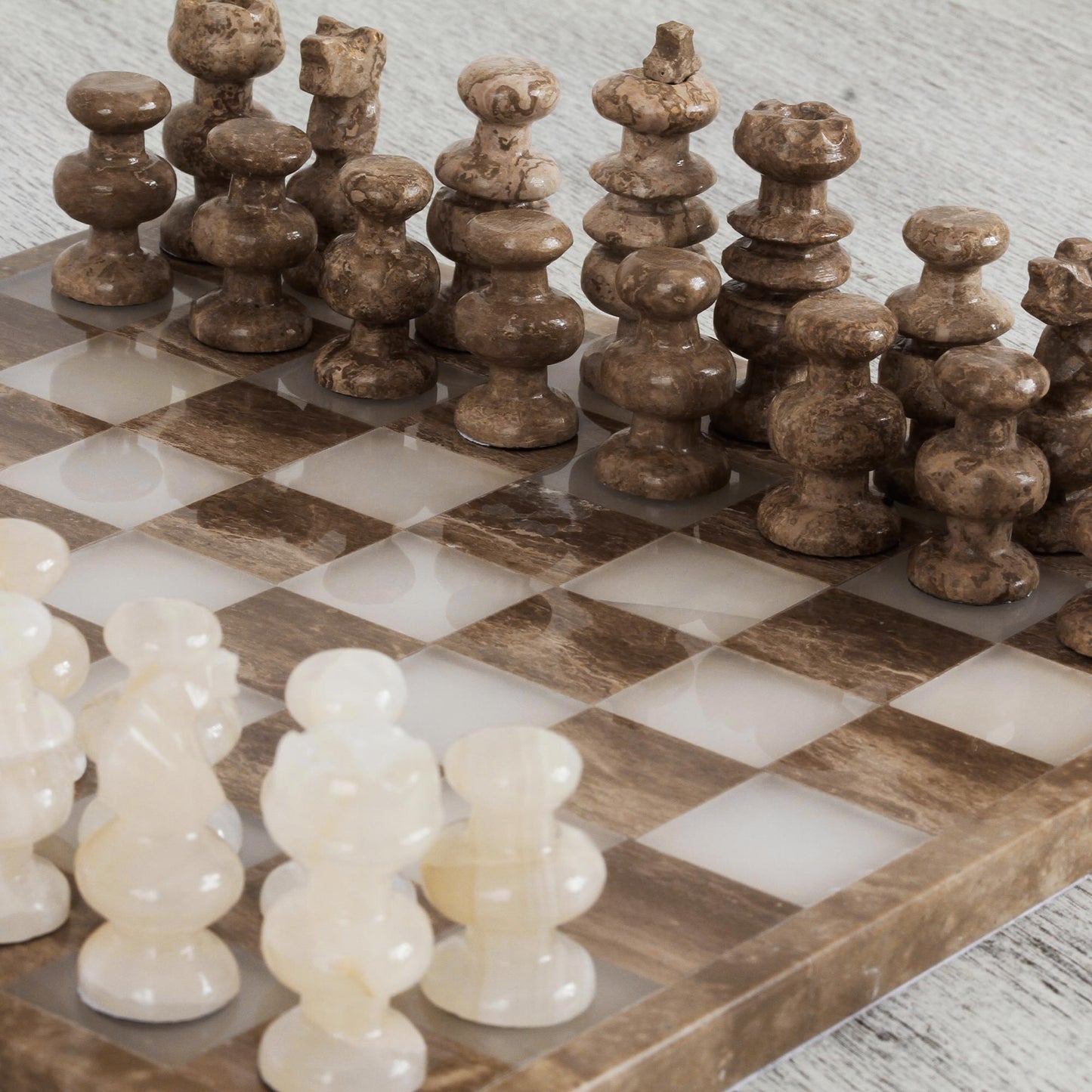 Brown and Ivory Onyx and Marble Chess Set Crafted in Mexico