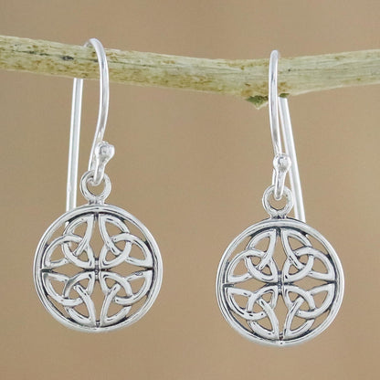 Interconnected in Silver Handcrafted Sterling Silver Labyrinth Circle Dangle Earrings