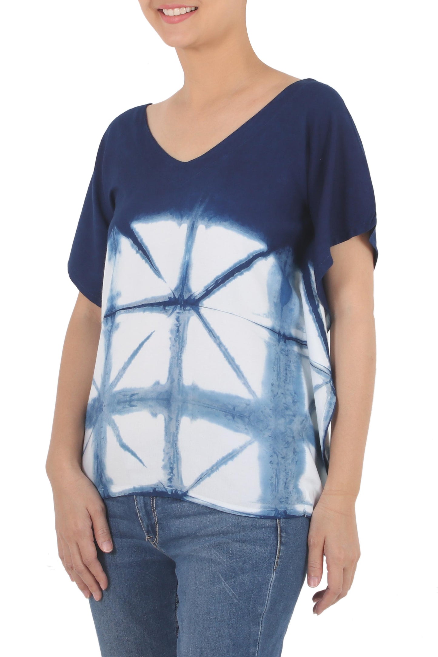 Sunlit Window Indigo White Geometric Tie-Dye Short Sleeve Cotton Blouse