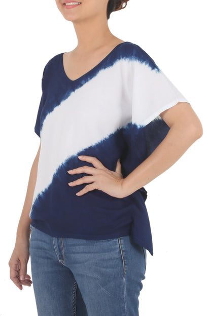 Soar Indigo Diagonal Stripe Tie-Dye Short Sleeve Cotton Blouse