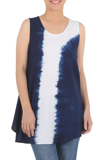 Flowing Indigo White Vertical Stripe Tie-Dye Sleeveless Cotton Tunic