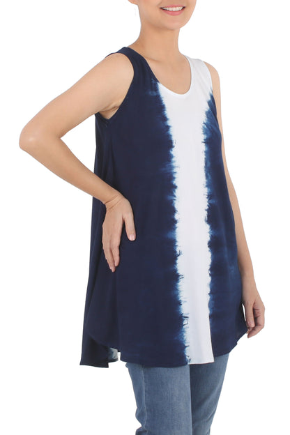 Flowing Indigo White Vertical Stripe Tie-Dye Sleeveless Cotton Tunic