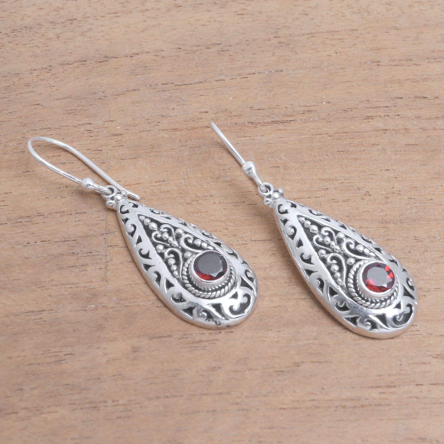 Ornamental Fire Garnet and Sterling Silver Teardrop Dangle Earrings