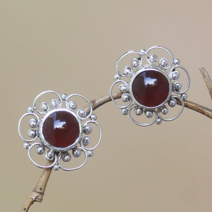 Red Jepun Floral Carnelian Button Earrings from Bali