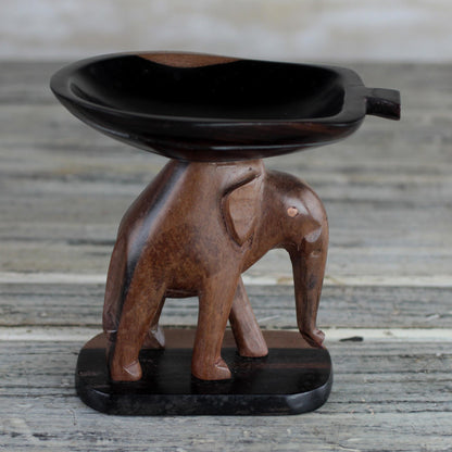 Elephant Carrying a Leaf Handcrafted Ebony Wood Elephant Mini Catchall from Ghana