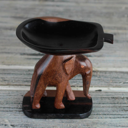 Elephant Carrying a Leaf Handcrafted Ebony Wood Elephant Mini Catchall from Ghana