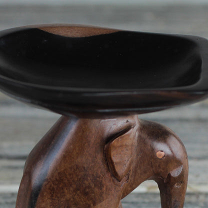 Elephant Carrying a Leaf Handcrafted Ebony Wood Elephant Mini Catchall from Ghana