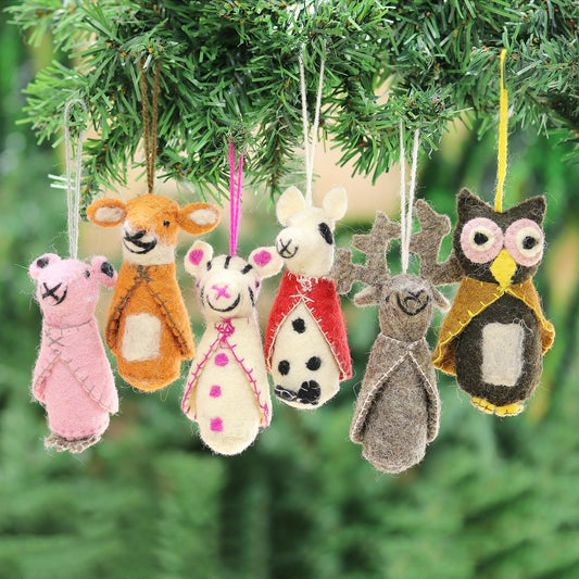 Woodland Animals Animal-Themed Wool Ornaments from India (Set of 6)
