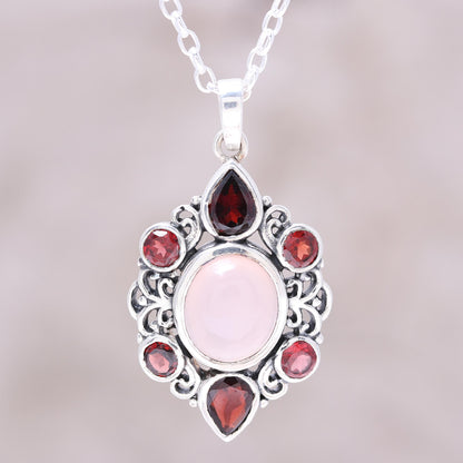 Glory of Red Garnet and Rose Quartz Pendant Necklace from India