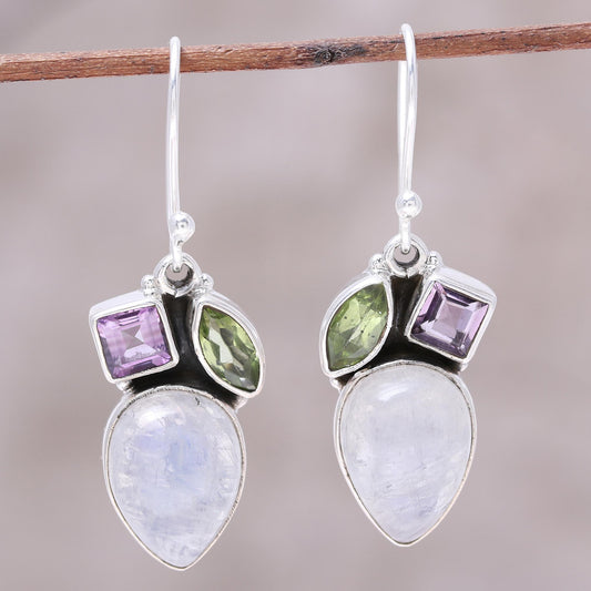 Glistening Dazzle Teardrop Rainbow Moonstone Peridot and Amethyst Earrings