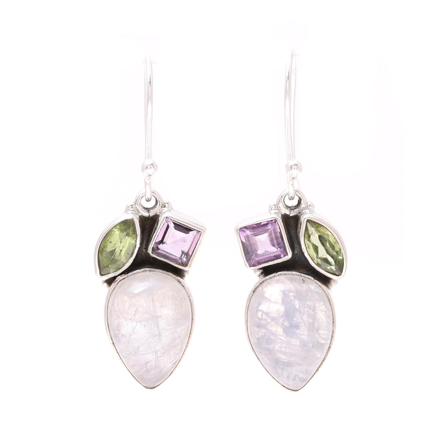 Glistening Dazzle Teardrop Rainbow Moonstone Peridot and Amethyst Earrings