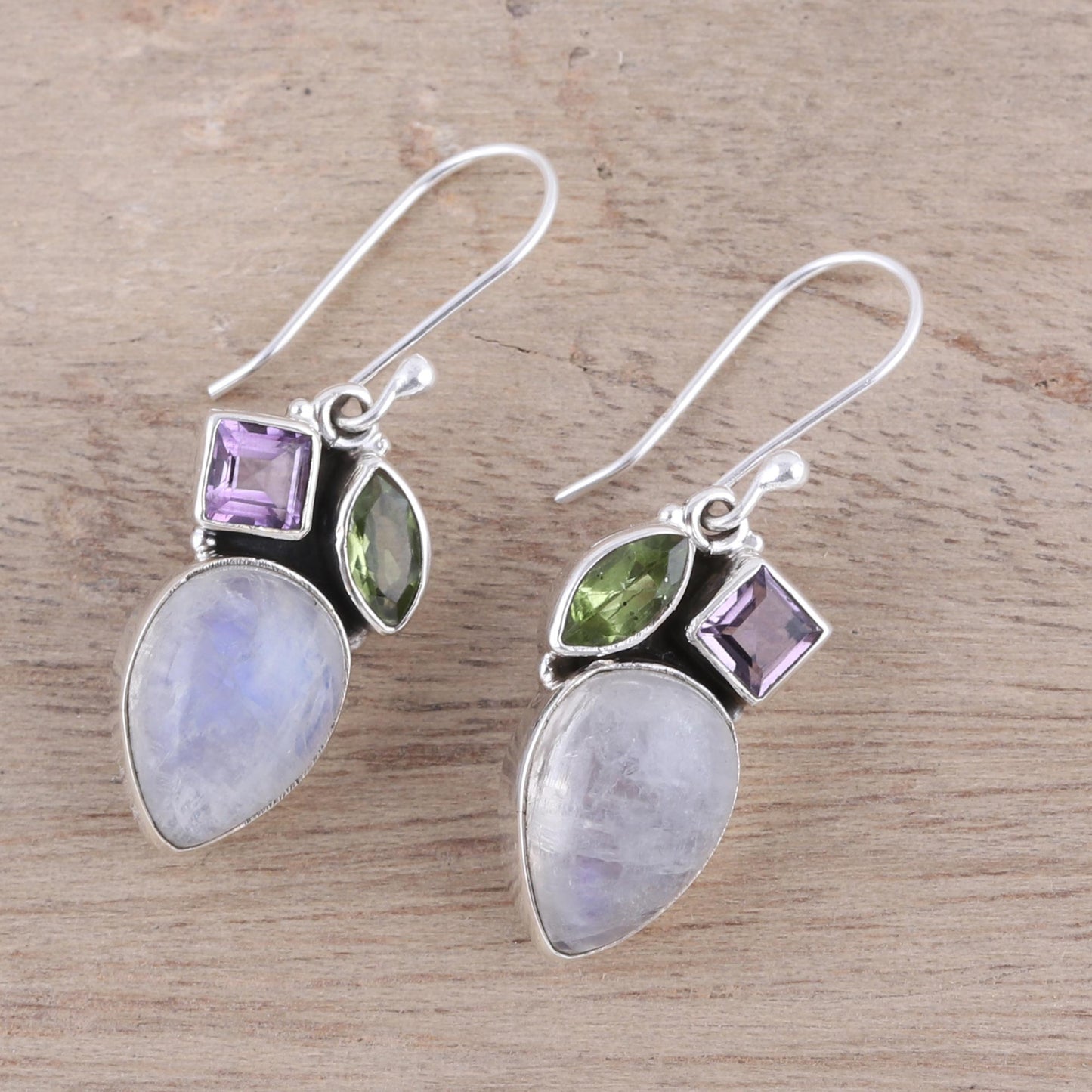 Glistening Dazzle Teardrop Rainbow Moonstone Peridot and Amethyst Earrings