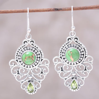 Verdant Ecstasy Pear Peridot and Composite Turquoise Earrings from India