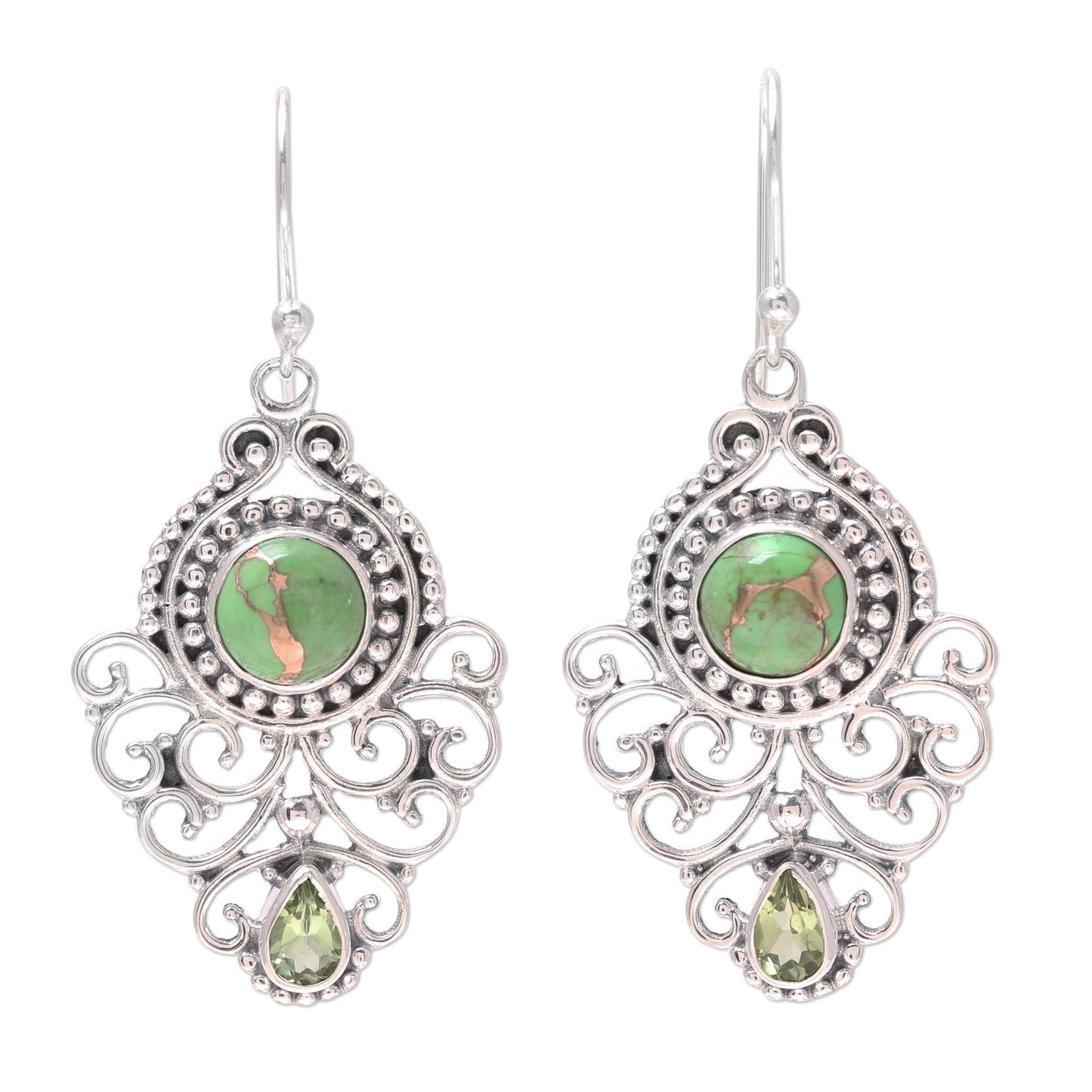 Verdant Ecstasy Pear Peridot and Composite Turquoise Earrings from India