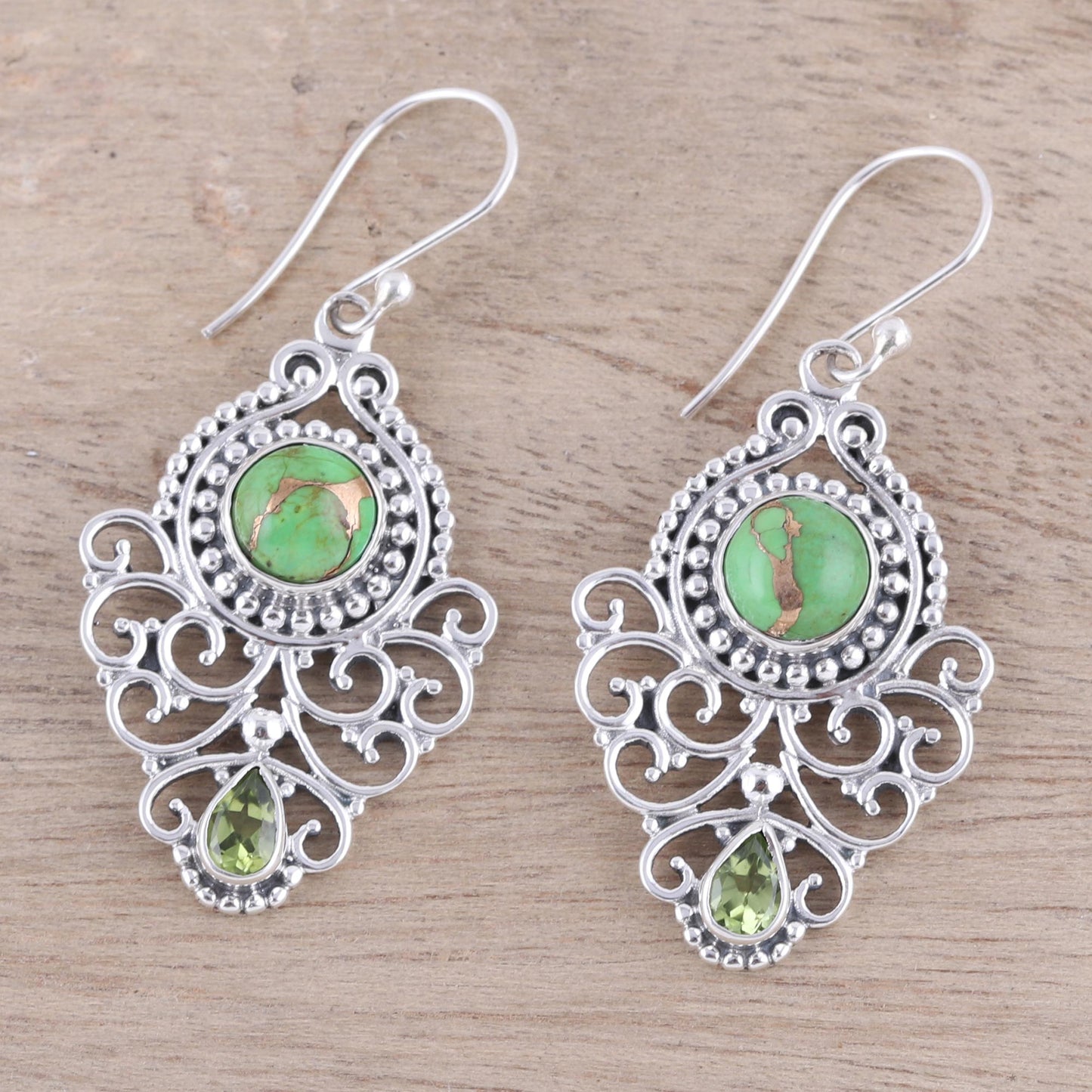 Verdant Ecstasy Pear Peridot and Composite Turquoise Earrings from India