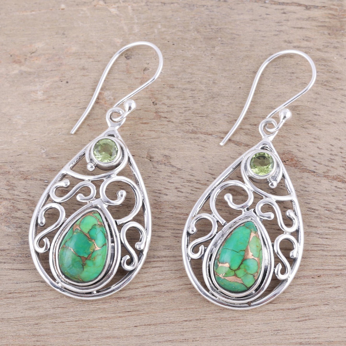 Verdant Sparkle Peridot and Teardrop Green Turquoise Earrings from India