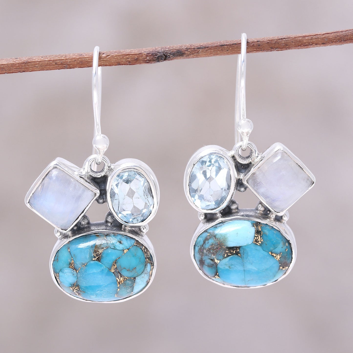 Crystalline Waters Blue Topaz and Rainbow Moonstone Dangle Earrings from India