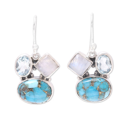 Crystalline Waters Blue Topaz and Rainbow Moonstone Dangle Earrings from India