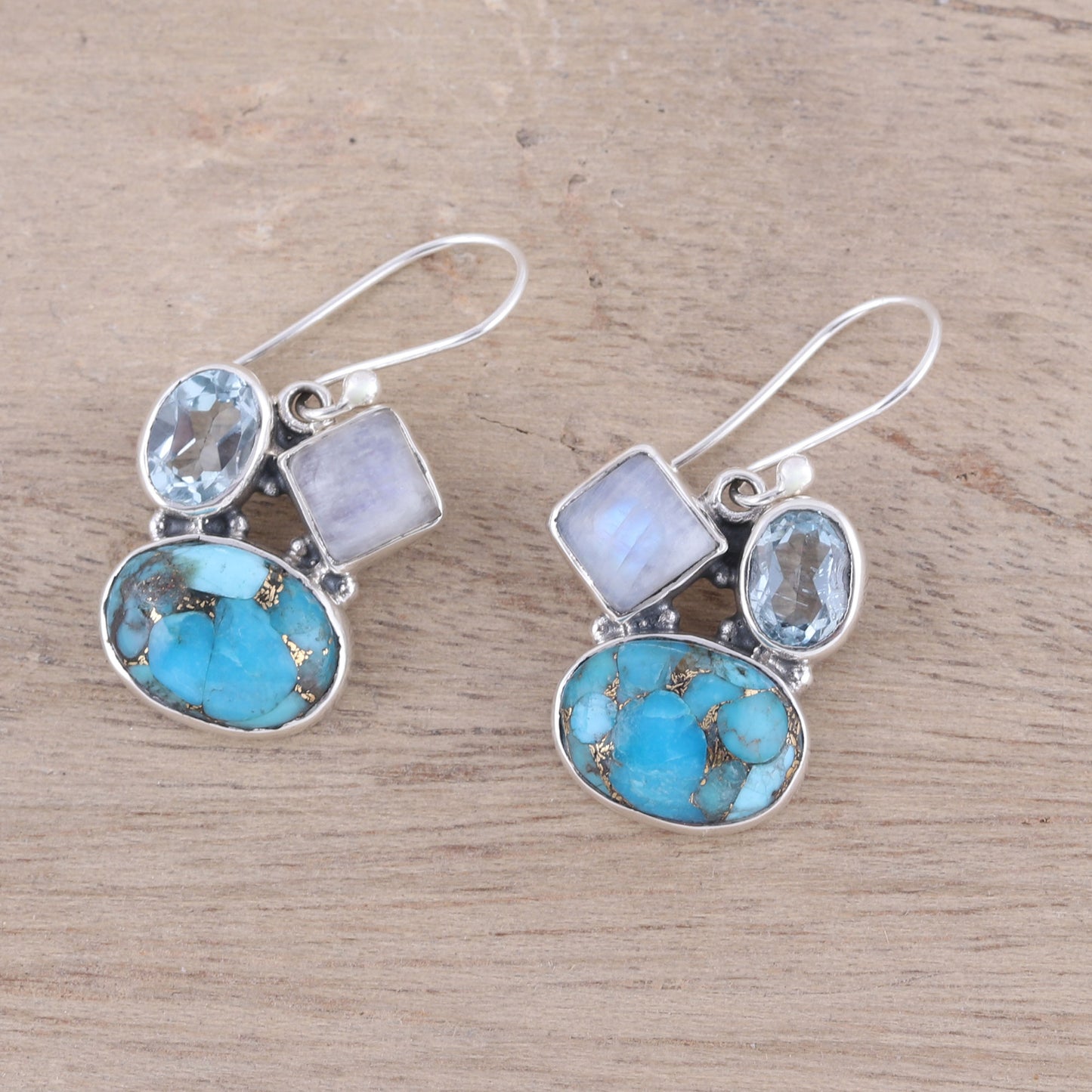 Crystalline Waters Blue Topaz and Rainbow Moonstone Dangle Earrings from India