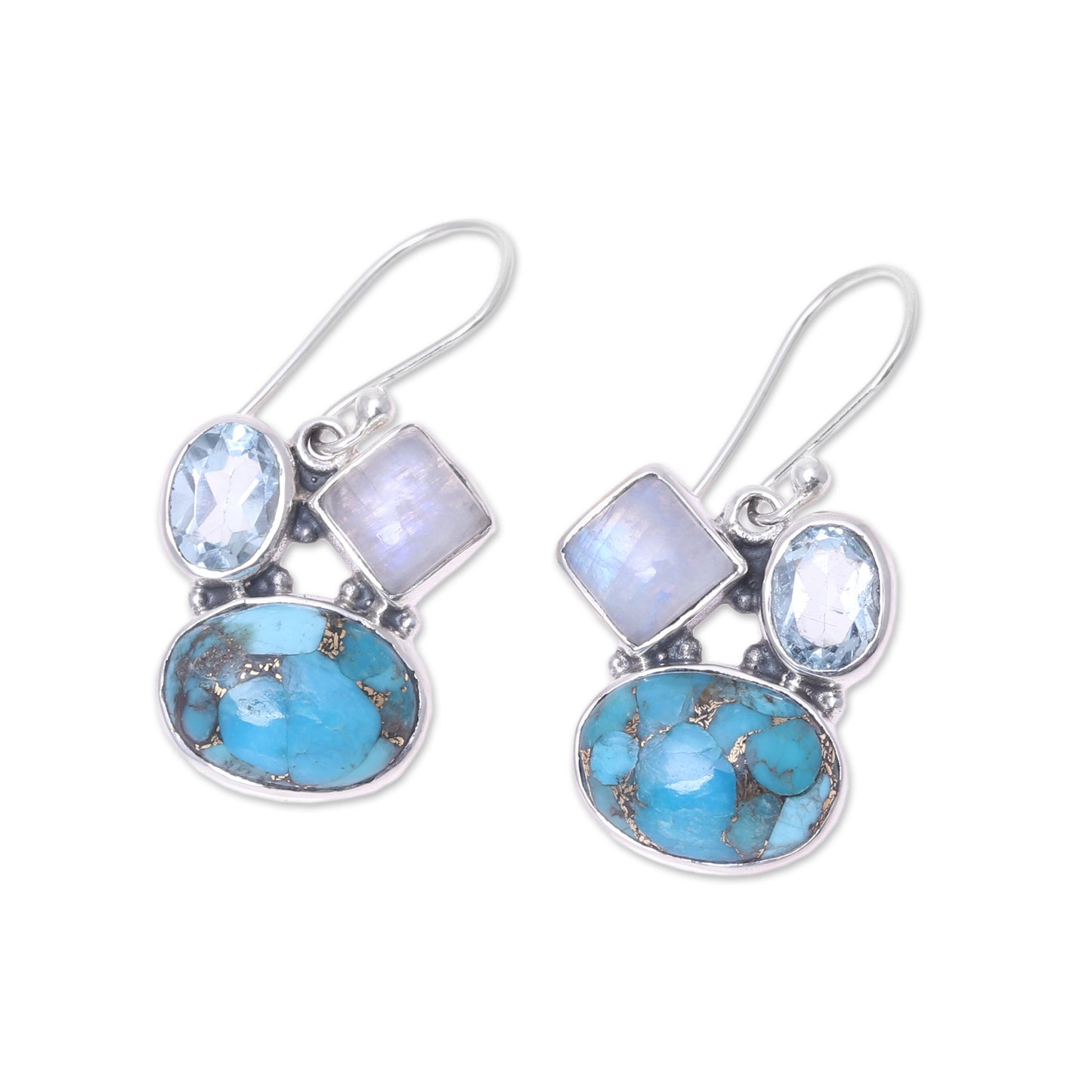 Crystalline Waters Blue Topaz and Rainbow Moonstone Dangle Earrings from India