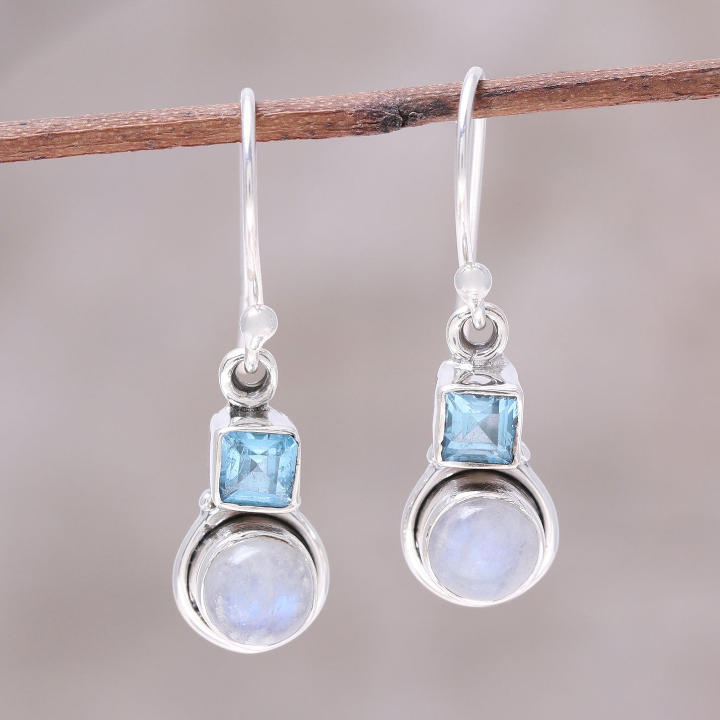 Sky Glimmer Blue Topaz and Rainbow Moonstone Dangle Earrings from India