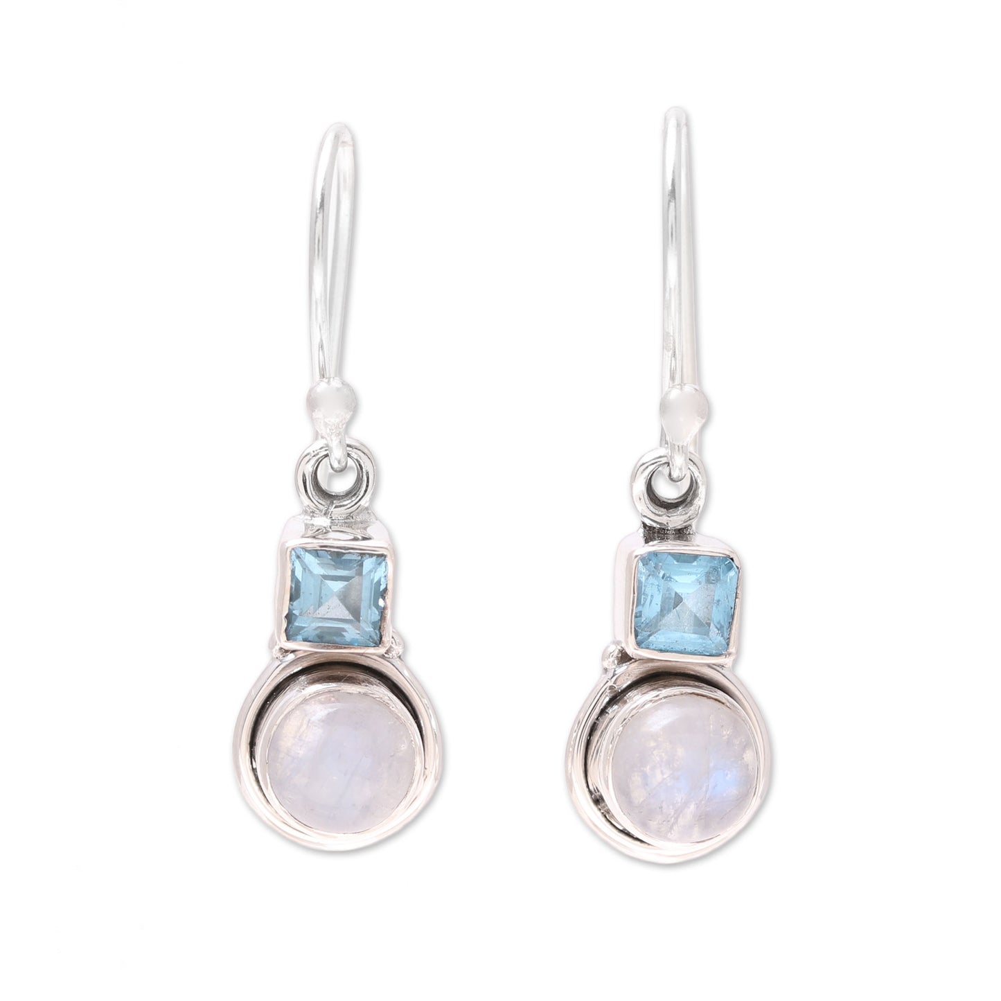 Sky Glimmer Blue Topaz and Rainbow Moonstone Dangle Earrings from India