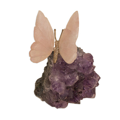 Rosy Wings Rose Quartz Butterfly on Amethyst Nugget Figurine