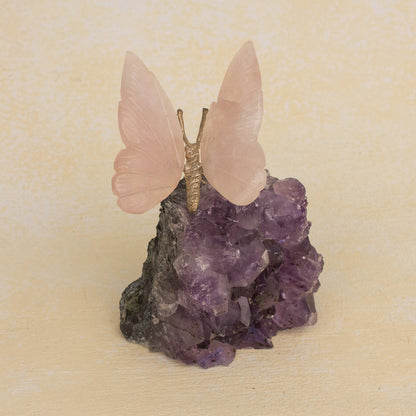 Rosy Wings Rose Quartz Butterfly on Amethyst Nugget Figurine