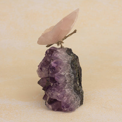 Rosy Wings Rose Quartz Butterfly on Amethyst Nugget Figurine