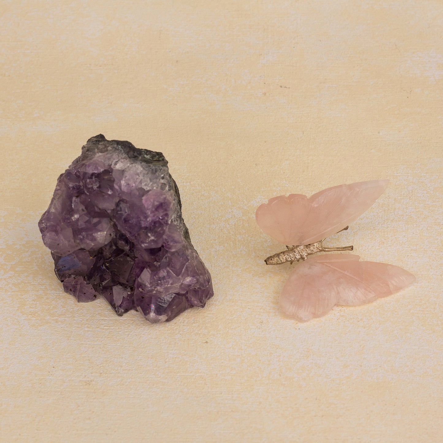 Rosy Wings Rose Quartz Butterfly on Amethyst Nugget Figurine