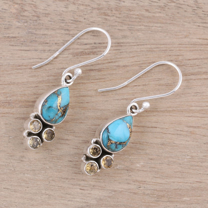 Sunny Dew Citrine and Composite Turquoise Dangle Earrings from India