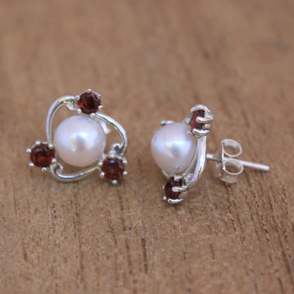 Sparks Fly Cultured Pearl and Garnet Stud Earrings from Bali