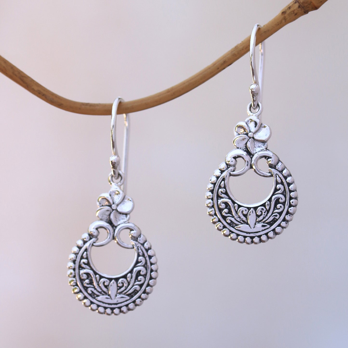 Frangipani Crescents Floral Sterling Silver Dangle Earrings Crafted in Bali